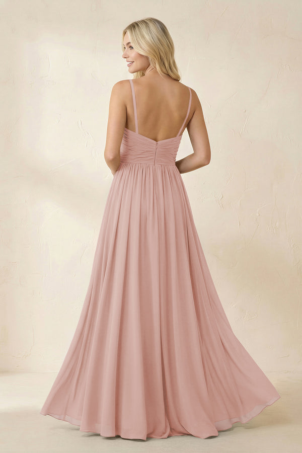 Cami Strap Chiffon A - Line Bridesmaid Dress with Slit in English Rose - KISS BRIDAL Bridesmaid Dresses