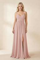 Cami Strap Chiffon A - Line Bridesmaid Dress with Slit in English Rose - KISS BRIDAL Bridesmaid Dresses