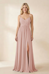 Cami Strap Chiffon A - Line Bridesmaid Dress with Slit in English Rose - KISS BRIDAL Bridesmaid Dresses