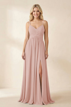 Cami Strap Chiffon A - Line Bridesmaid Dress with Slit in English Rose - KISS BRIDAL Bridesmaid Dresses