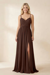 Cami Strap Chiffon A - Line Bridesmaid Dress with Slit in Espresso - KISS BRIDAL Bridesmaid Dresses