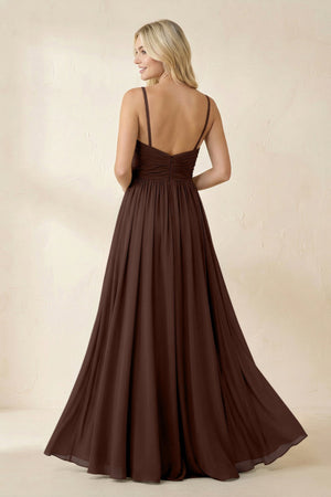 Cami Strap Chiffon A - Line Bridesmaid Dress with Slit in Espresso - SHE IS ME Bridesmaid Dresses