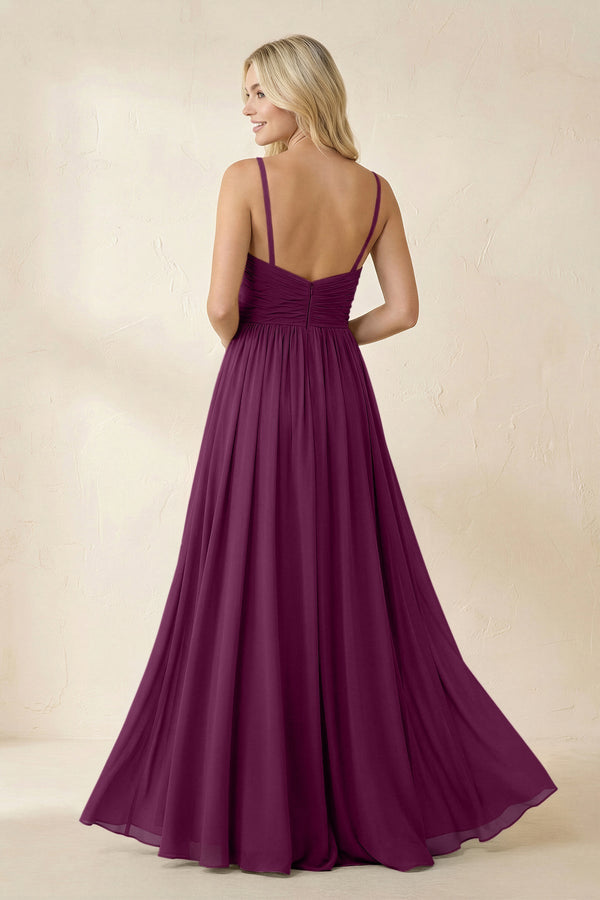 Cami Strap Chiffon A - Line Bridesmaid Dress with Slit in Fig - SHE IS ME Bridesmaid Dresses