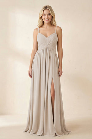 Cami Strap Chiffon A - Line Bridesmaid Dress with Slit in Frost - SHE IS ME Bridesmaid Dresses