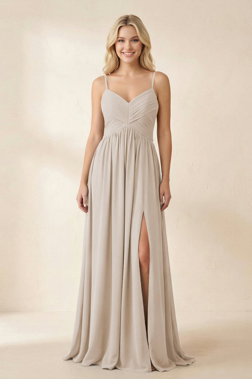 Cami Strap Chiffon A - Line Bridesmaid Dress with Slit in Frost - SHE IS ME Bridesmaid Dresses