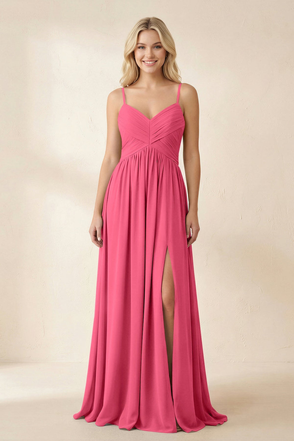 Cami Strap Chiffon A - Line Bridesmaid Dress with Slit in Fuchsia - KISS BRIDAL Bridesmaid Dresses