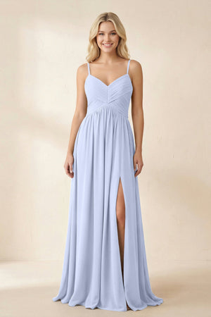 Cami Strap Chiffon A - Line Bridesmaid Dress with Slit in Ice - SHE IS ME Bridesmaid Dresses