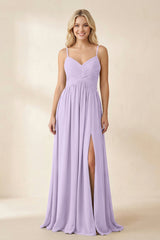 Cami Strap Chiffon A - Line Bridesmaid Dress with Slit in Lavender - KISS BRIDAL Bridesmaid Dresses