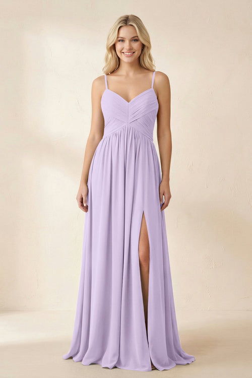 Cami Strap Chiffon A - Line Bridesmaid Dress with Slit in Lavender - SHE IS ME Bridesmaid Dresses
