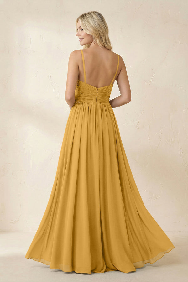 Cami Strap Chiffon A - Line Bridesmaid Dress with Slit in Marigold - SHE IS ME Bridesmaid Dresses
