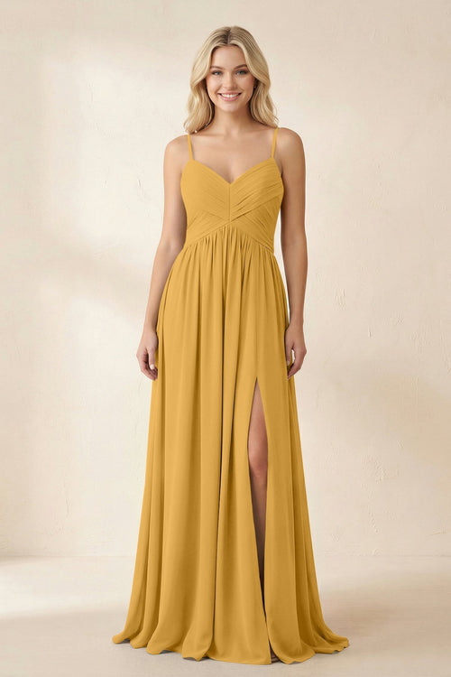 Cami Strap Chiffon A - Line Bridesmaid Dress with Slit in Marigold - SHE IS ME Bridesmaid Dresses