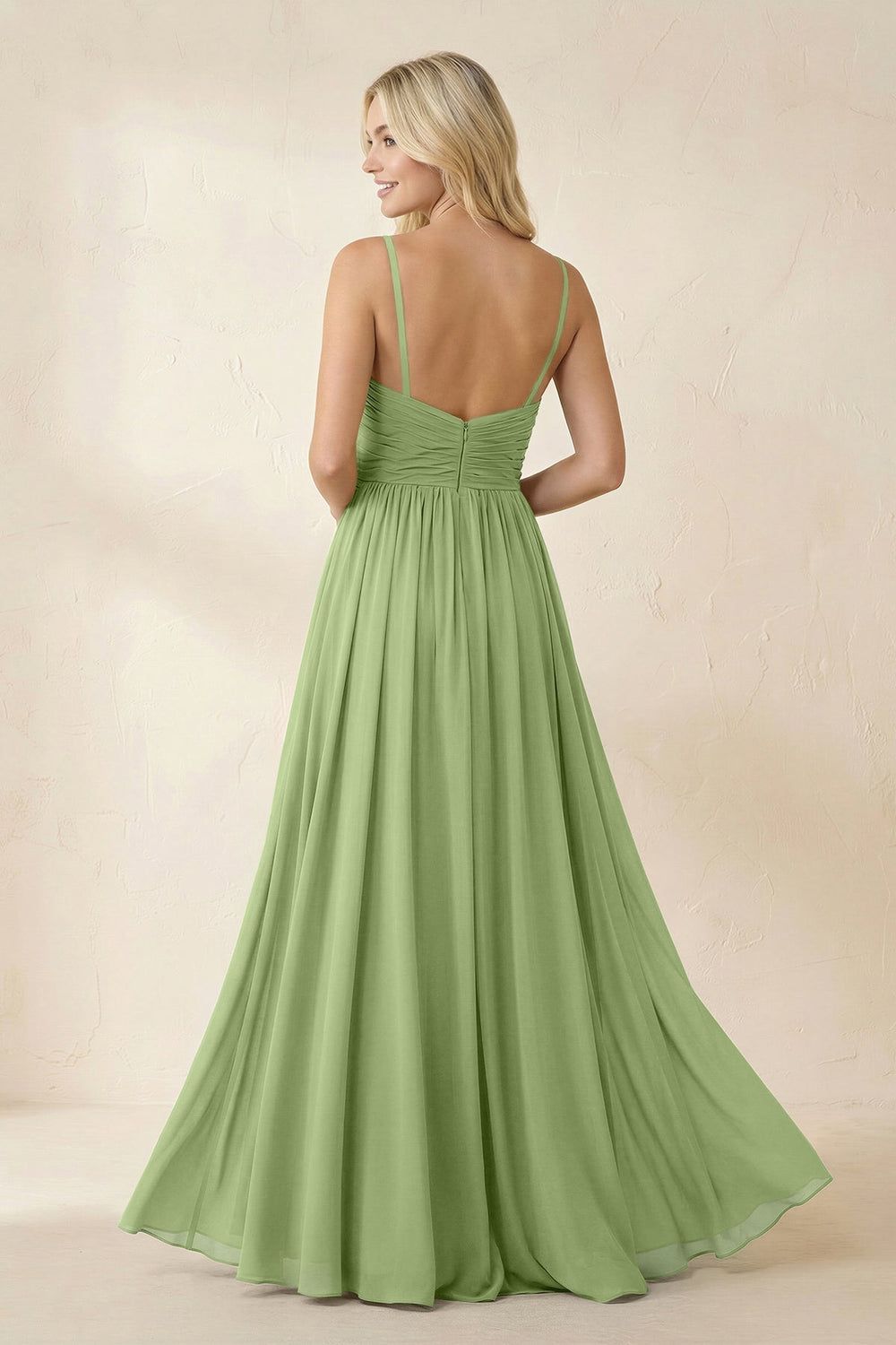 Cami Strap Chiffon A - Line Bridesmaid Dress with Slit in Matcha - KISS BRIDAL Bridesmaid Dresses
