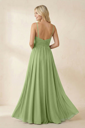 Cami Strap Chiffon A - Line Bridesmaid Dress with Slit in Matcha - SHE IS ME Bridesmaid Dresses