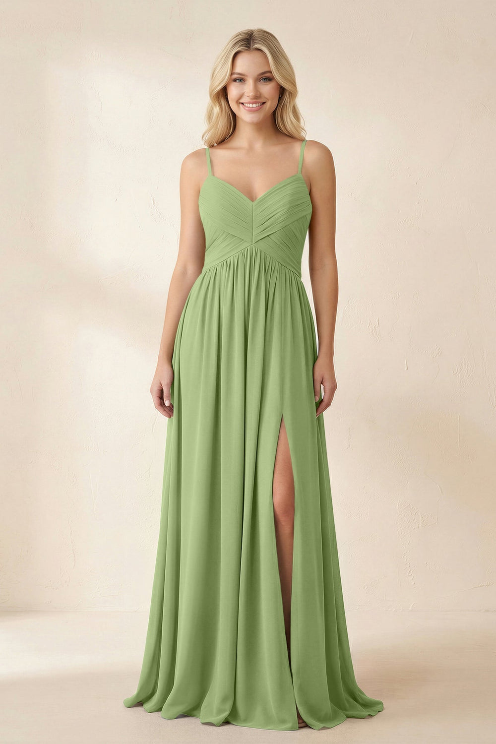 Cami Strap Chiffon A - Line Bridesmaid Dress with Slit in Matcha - KISS BRIDAL Bridesmaid Dresses