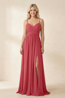 Cami Strap Chiffon A - Line Bridesmaid Dress with Slit in Merlot - SHE IS ME Bridesmaid Dresses