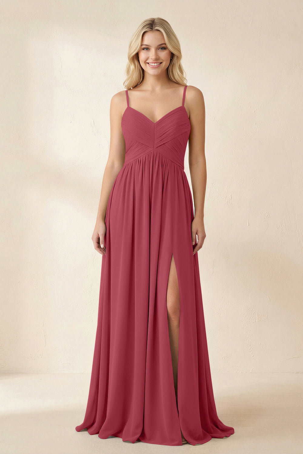 Cami Strap Chiffon A-Line Bridesmaid Dress with Slit in Merlot