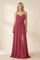 Cami Strap Chiffon A - Line Bridesmaid Dress with Slit in Merlot - KISS BRIDAL Bridesmaid Dresses