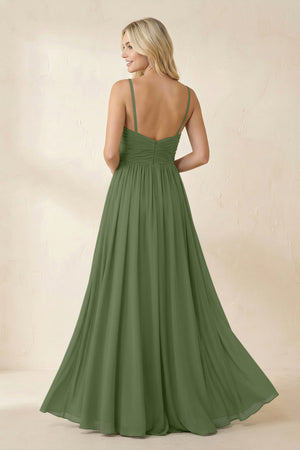 Cami Strap Chiffon A-Line Bridesmaid Dress with Slit in Moss (2) | KISSBRIDAL
