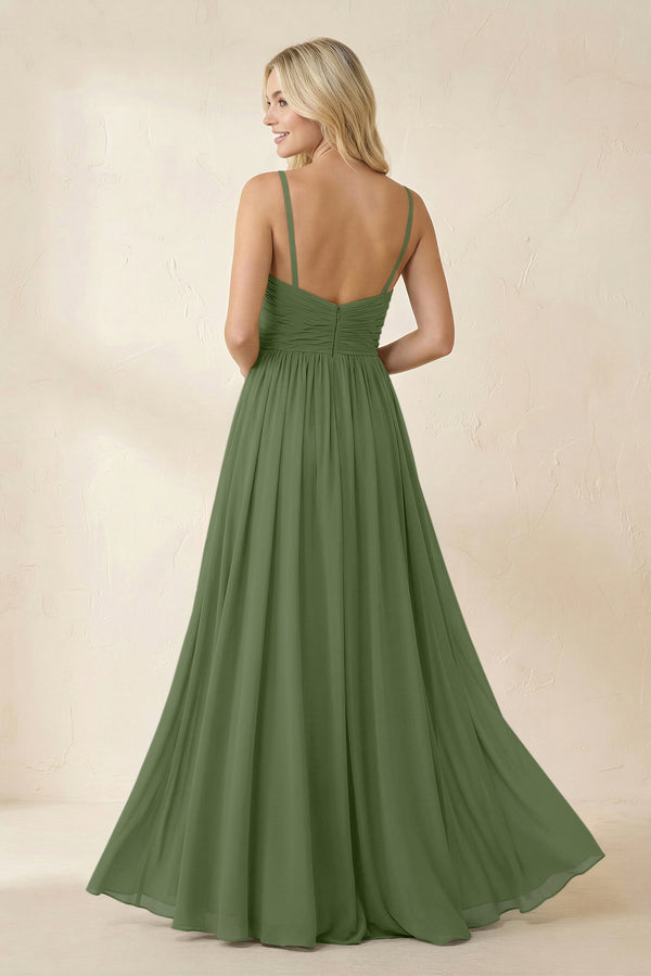 Cami Strap Chiffon A-Line Bridesmaid Dress with Slit in Moss (2) | KISSBRIDAL
