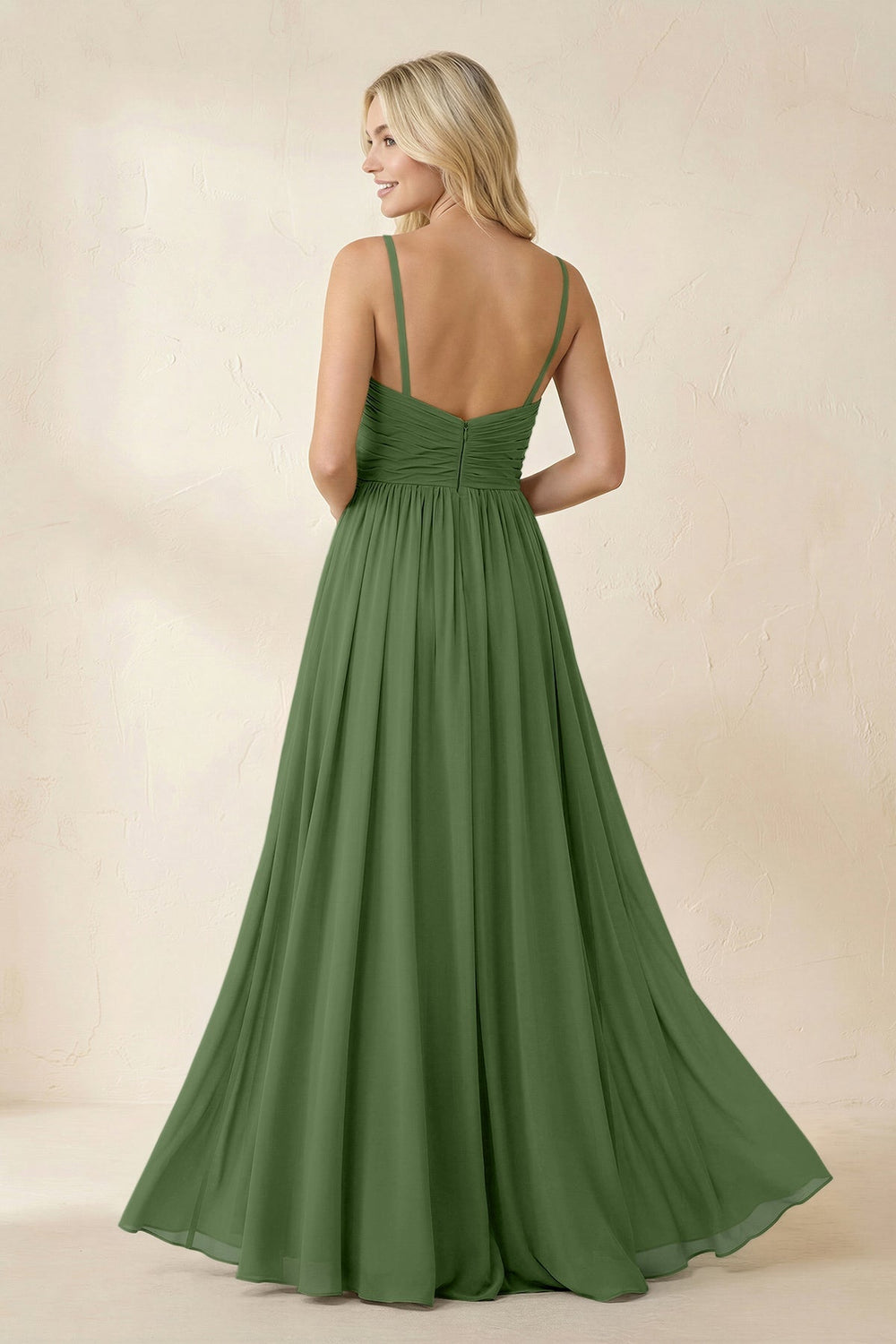 Cami Strap Chiffon A - Line Bridesmaid Dress with Slit in Moss - KISS BRIDAL Bridesmaid Dresses