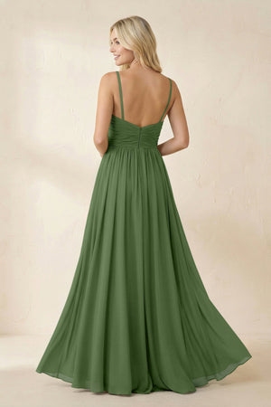 Cami Strap Chiffon A - Line Bridesmaid Dress with Slit in Moss - SHE IS ME Bridesmaid Dresses