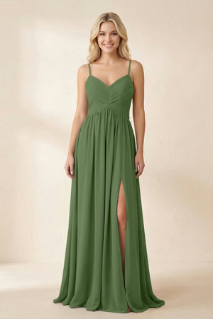 Cami Strap Chiffon A - Line Bridesmaid Dress with Slit in Moss - SHE IS ME Bridesmaid Dresses