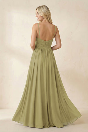 Cami Strap Chiffon A-Line Bridesmaid Dress with Slit in Moss Green (2) | KISSBRIDAL