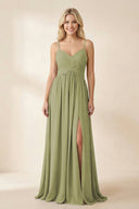 Cami Strap Chiffon A - Line Bridesmaid Dress with Slit in Moss Green - SHE IS ME Bridesmaid Dresses