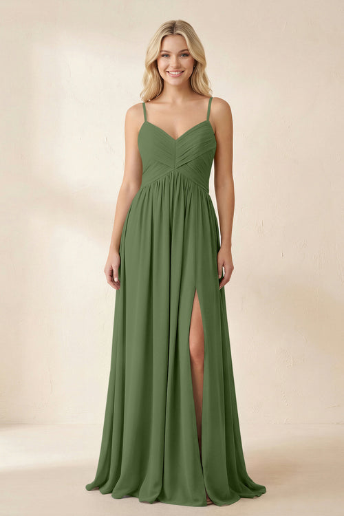 Cami Strap Chiffon A-Line Bridesmaid Dress with Slit in Moss | KISSBRIDAL
