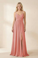 Cami Strap Chiffon A - Line Bridesmaid Dress with Slit in Mulberry - SHE IS ME Bridesmaid Dresses