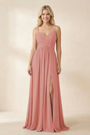 Cami Strap Chiffon A - Line Bridesmaid Dress with Slit in Mulberry - KISS BRIDAL Bridesmaid Dresses