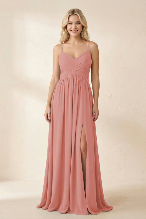 Cami Strap Chiffon A - Line Bridesmaid Dress with Slit in Mulberry - KISS BRIDAL Bridesmaid Dresses