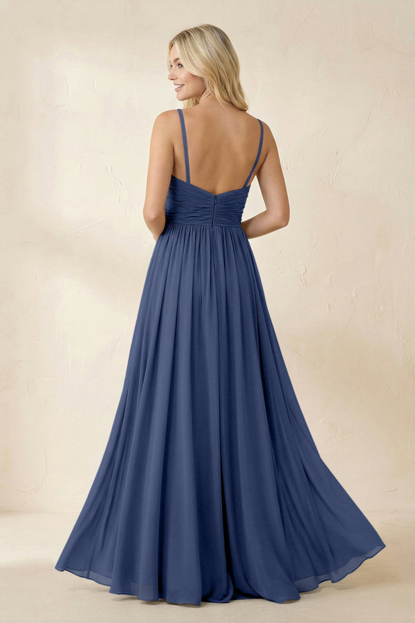 Cami Strap Chiffon A - Line Bridesmaid Dress with Slit in Navy - SHE IS ME Bridesmaid Dresses