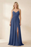 Cami Strap Chiffon A - Line Bridesmaid Dress with Slit in Navy - SHE IS ME Bridesmaid Dresses