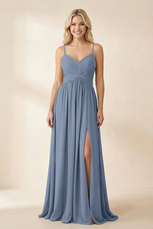 Cami Strap Chiffon A - Line Bridesmaid Dress with Slit in Neptune - SHE IS ME Bridesmaid Dresses