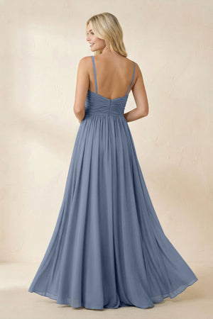 Cami Strap Chiffon A - Line Bridesmaid Dress with Slit in Neptune - SHE IS ME Bridesmaid Dresses