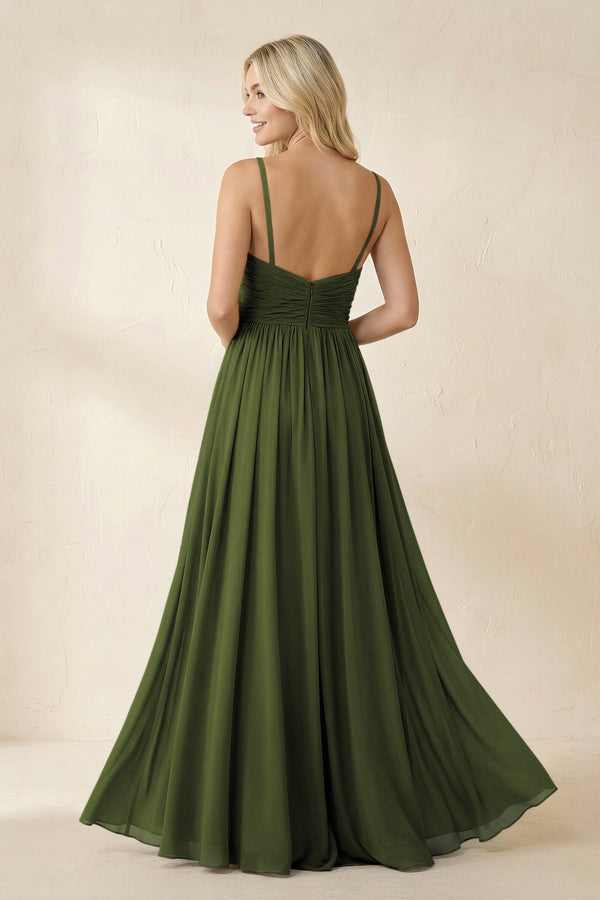 Cami Strap Chiffon A - Line Bridesmaid Dress with Slit in Olive - SHE IS ME Bridesmaid Dresses