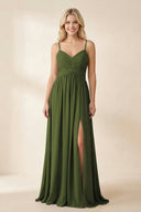 Cami Strap Chiffon A - Line Bridesmaid Dress with Slit in Olive - SHE IS ME Bridesmaid Dresses