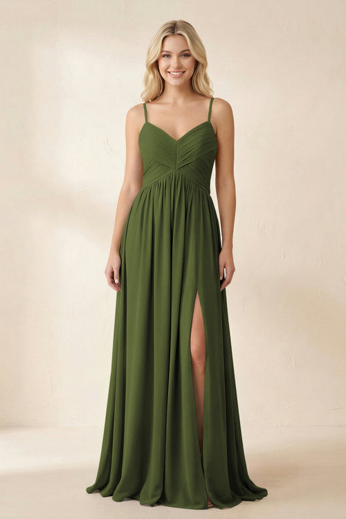 Cami Strap Chiffon A - Line Bridesmaid Dress with Slit in Olive - SHE IS ME Bridesmaid Dresses
