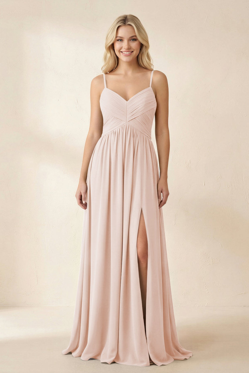 Cami Strap Chiffon A - Line Bridesmaid Dress with Slit in Pale Blush - KISS BRIDAL Bridesmaid Dresses