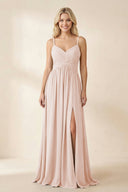 Cami Strap Chiffon A - Line Bridesmaid Dress with Slit in Pale Blush - SHE IS ME Bridesmaid Dresses