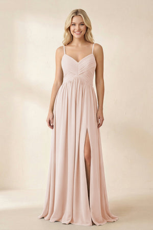 Cami Strap Chiffon A - Line Bridesmaid Dress with Slit in Pale Blush - SHE IS ME Bridesmaid Dresses