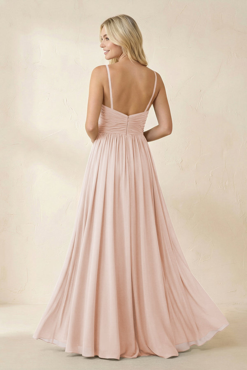 Cami Strap Chiffon A - Line Bridesmaid Dress with Slit in Pale Blush - KISS BRIDAL Bridesmaid Dresses