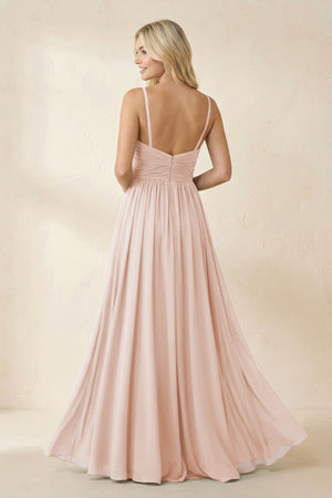Cami Strap Chiffon A - Line Bridesmaid Dress with Slit in Pale Blush - SHE IS ME Bridesmaid Dresses