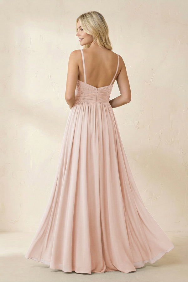 Cami Strap Chiffon A - Line Bridesmaid Dress with Slit in Pale Blush - SHE IS ME Bridesmaid Dresses