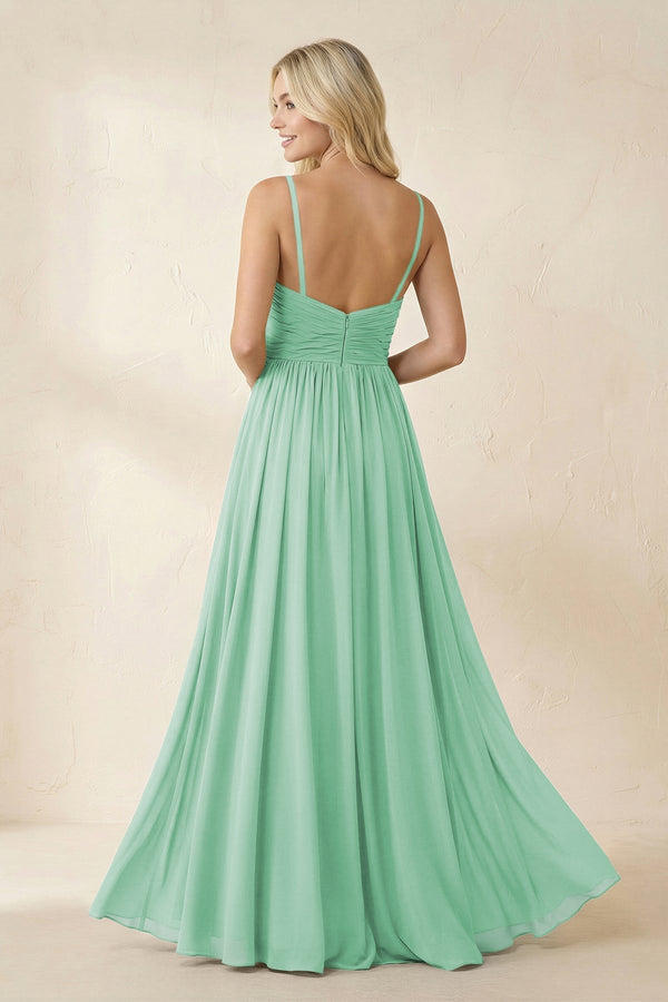 Cami Strap Chiffon A - Line Bridesmaid Dress with Slit in Pale Pistachio - SHE IS ME Bridesmaid Dresses