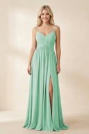 Cami Strap Chiffon A - Line Bridesmaid Dress with Slit in Pale Pistachio - SHE IS ME Bridesmaid Dresses
