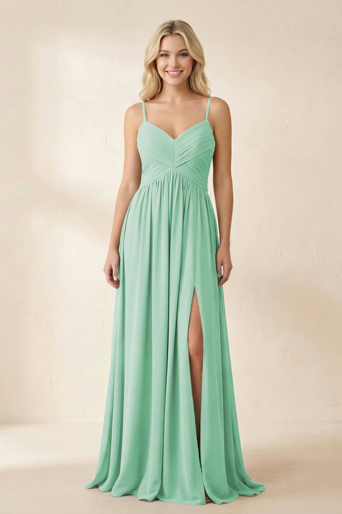 Cami Strap Chiffon A - Line Bridesmaid Dress with Slit in Pale Pistachio - SHE IS ME Bridesmaid Dresses