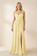 Cami Strap Chiffon A - Line Bridesmaid Dress with Slit in Pastel Yellow - SHE IS ME Bridesmaid Dresses