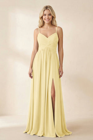 Cami Strap Chiffon A - Line Bridesmaid Dress with Slit in Pastel Yellow - SHE IS ME Bridesmaid Dresses